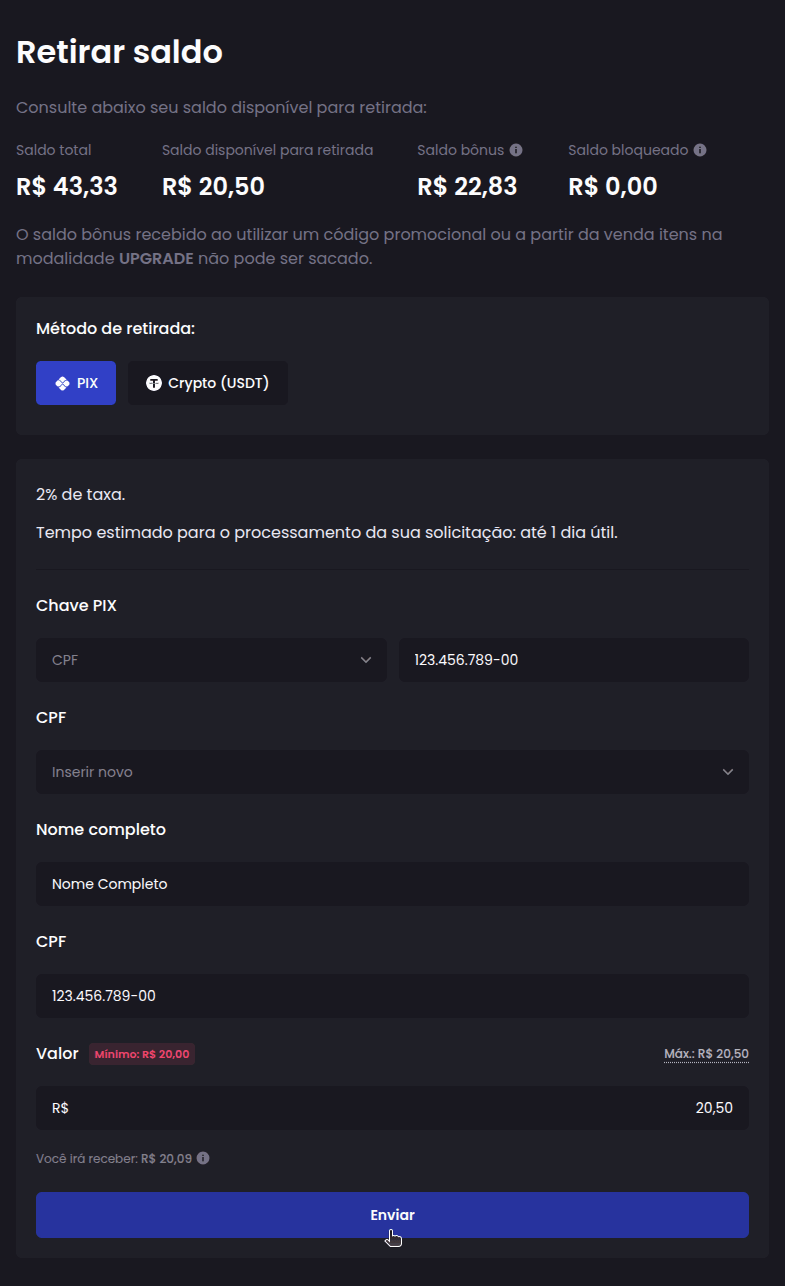 Como faço para retirar meu saldo para minha conta bancária? - Passo 2
